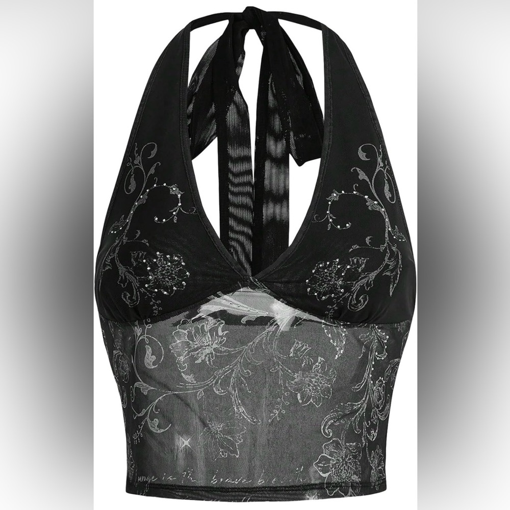 Black Mesh Halter Top